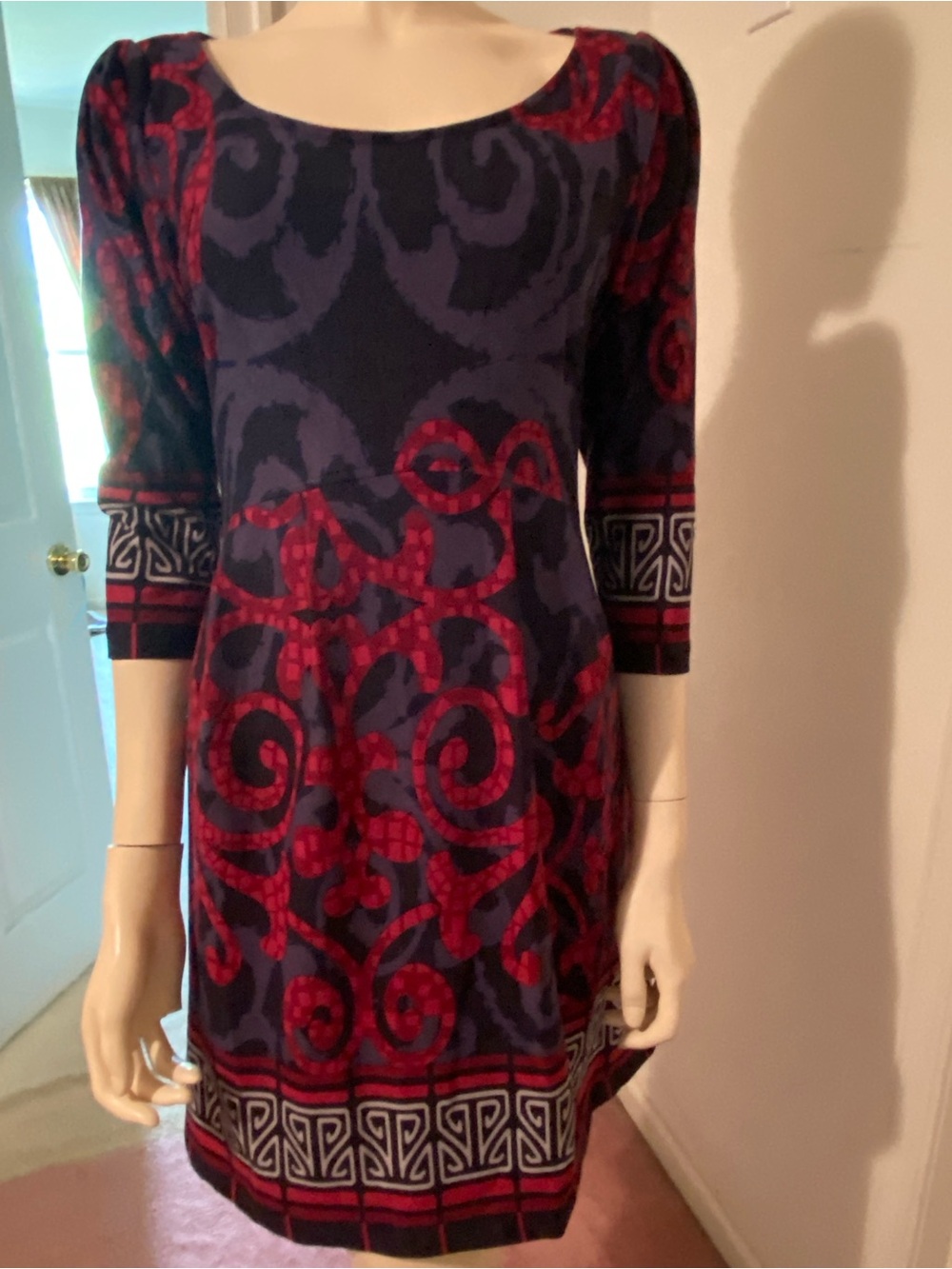 Olian Navy and Red Printed Scoop Neck Long Sleeve Dress